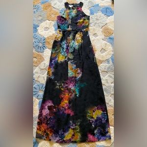Monsoon Flowing Halter Maxi Dress w Photo Realistic Hydrangeas Butterflies Print